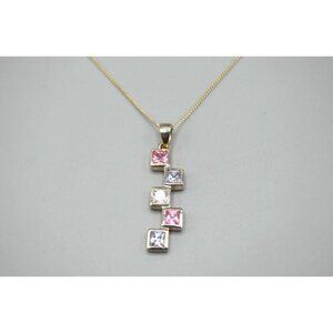 Square Rhinestone Drop Pendant Necklace Sterling Silver 925 MHJ 3.8g 9.25" Pink